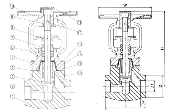 鍛鋼波紋管截止閥結(jié)構(gòu)圖 鍛鋼波紋管截止閥結(jié)構(gòu)圖